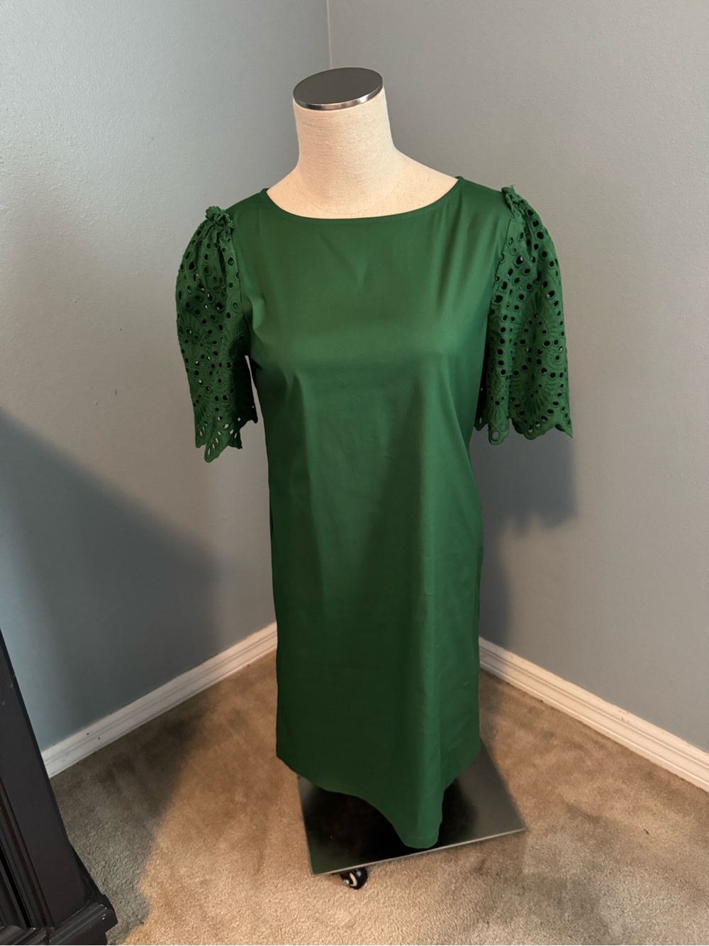 Chico's Emerald Green Eyelet Puff-Sleeve Midi Dress—Size 1